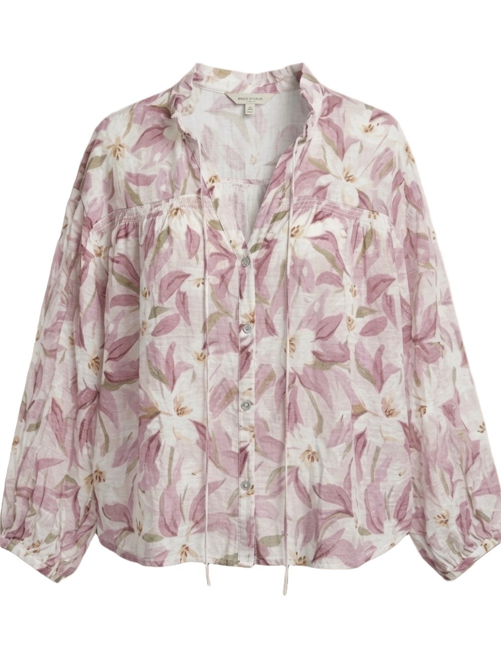 Color Block Floral Blouse Medium | Pink White Tencel Tie Neck Button Front